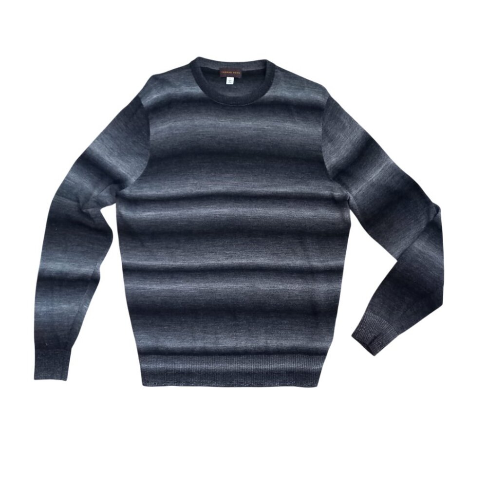 Thomas Dean Striped Sweater Men's Size L Crewneck Gray Black Lightweight Knit